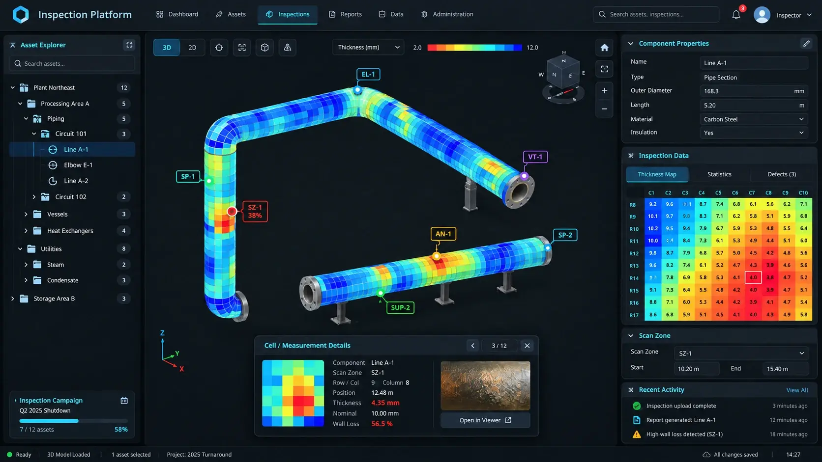 Inspection platform with the 3D pipe model and wall-thickness map